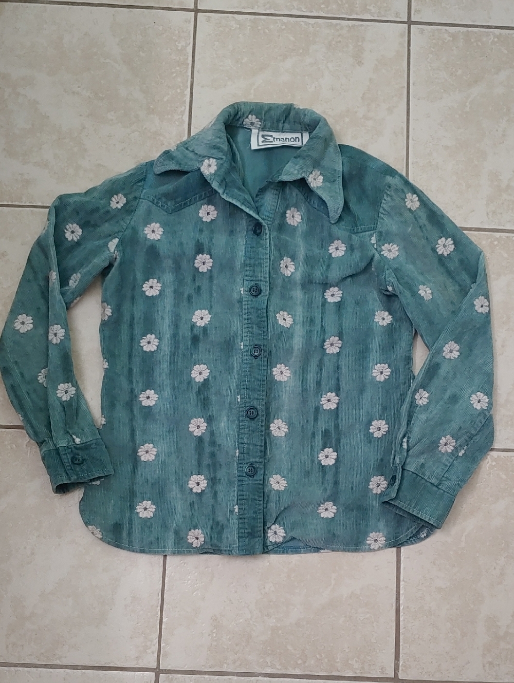 Vintage Floral Embroidered Button Front Shirt Teal Corduroy Women Emanon Size XS - Picture 3 of 8